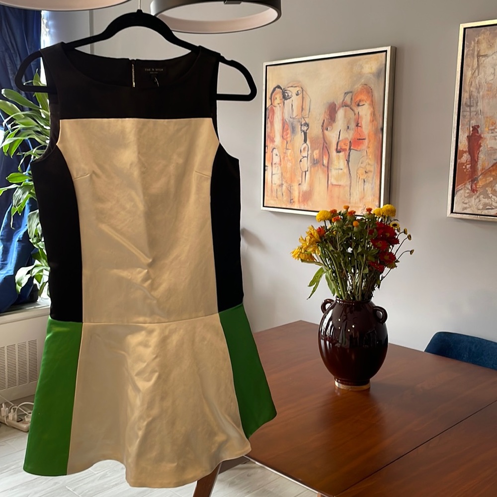 Rag & Bone. Sofia color block satin dress. Green cream black. Size 4